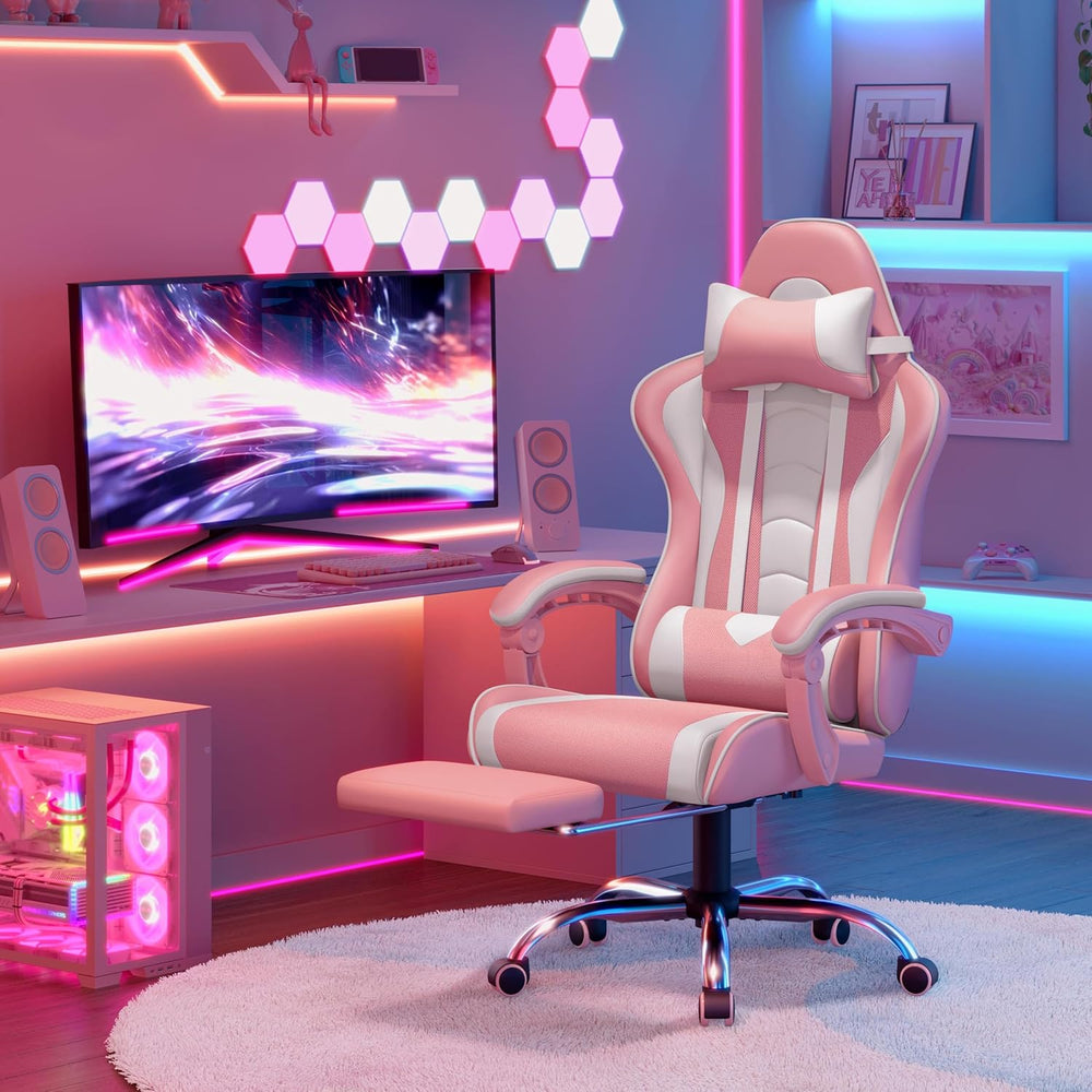 Yaheetech Gaming Chair with Footrest Massage Lumbar Pillow Pink and White | F...