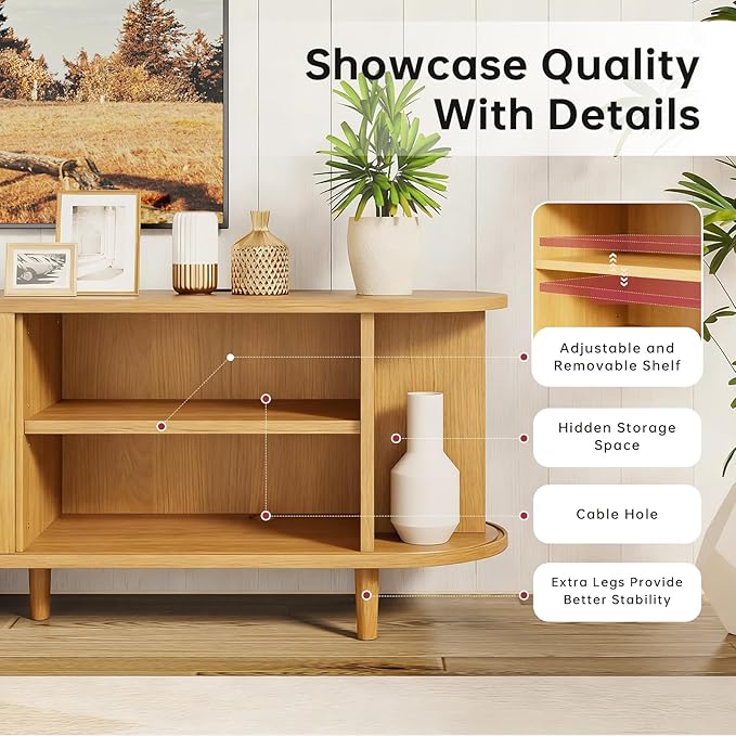 58" Mid Century Modern TV Stand, Wood TV Consoles with Sliding Doors and Power Outlet, Entertainment Center with Adjustable Shelves, Fluted TV Stands for Living Room, Oak