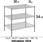24" Deep x 36" Wide x 34" Height Wire Shelving Kit | 3-Tier | NSF Commercial Storage Rack Unit