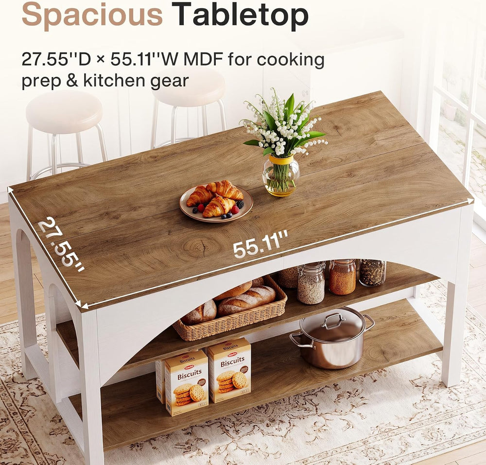 Tribesigns 55" Kitchen Island with 2-Tier Shelves and Seating | Wood Sta...