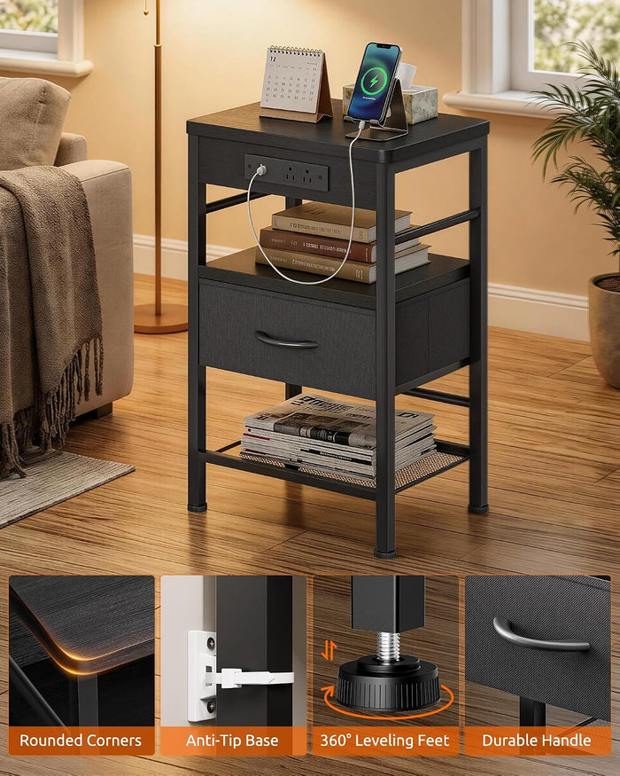 Lazzanto Nightstands Set of 2 with Charging Station, Black Night Stand | 1 Fabric Drawer, Open Shelf, Hooks, USB-C USB-A Port AC Outlets, Bedroom, Living Room, Dorm, 2-pack