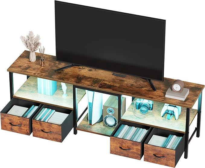 TV Stand for 80/75 Inch TV, LED Entertainment Center with 4 Fabric Drawers and Power Outlets, Modern Industrial TV Media Console for Living Room, Bedroom Storage Cabinet - 71'' Rustic Brown