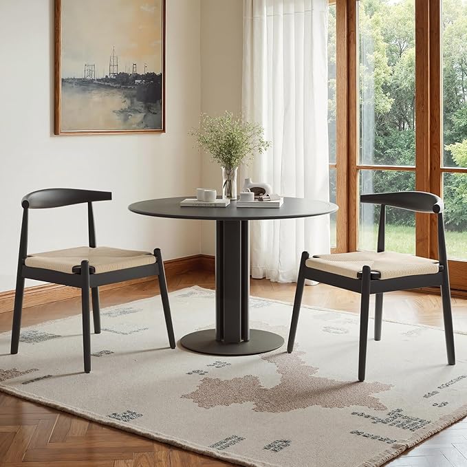 Farini Mid Century Modern Dining Chairs Set of 2, Solid Wood Frame Kitchen Chairs with Woven Upholstered Seat for Dining Room & Breakfast Nook,Black-Beige