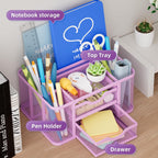 Marbrasse Mesh Desk Organizer, Pen Holder with 2 Drawer, Multi-Functional Pencil Holder, Desk Organizers and Accessories with 5 Compartments + Drawer for Office Art Supplies (Purple)