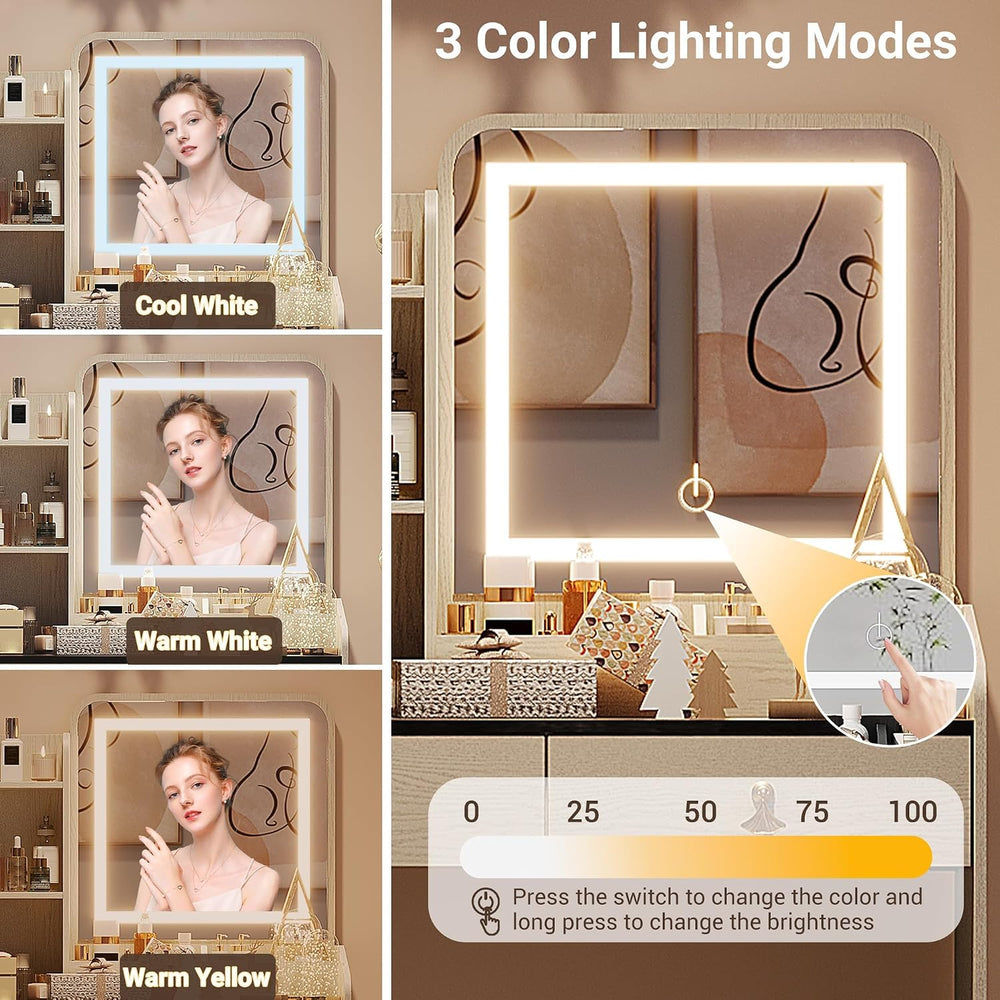 GarveeHome Vanity Desk with LED Light Mirror and Charging Station, Small Make...