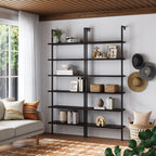 Nathan James Theo 6-Shelf Tall Bookcase, Wall Mount Bookshelf with Natural Wood Finish and Industrial Metal Frame, Nutmeg/Matte Black, Set of 2