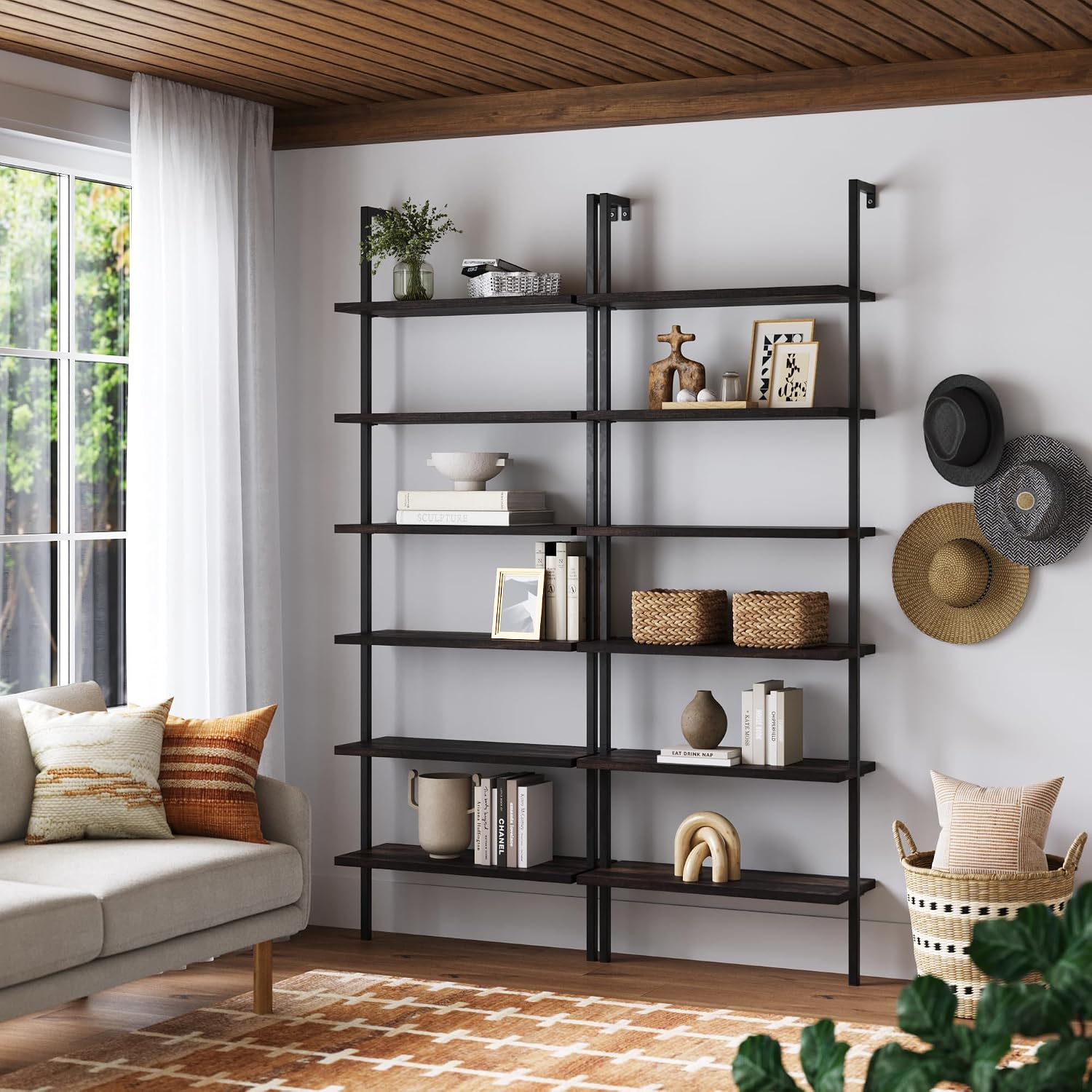 Nathan James Theo 6-Shelf Tall Bookcase, Wall Mount Bookshelf with Natural Wood Finish and Industrial Metal Frame, Nutmeg/Matte Black, Set of 2