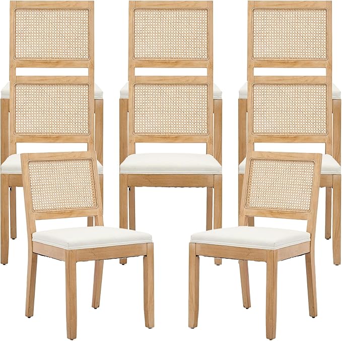 French Country Dining Chairs Set of 8, Cream Kitchen & Dining Room Chairs Set of 8, Ivory Rattan Dining Chairs, Cane Low Back, Wood Legs, Sillas De Comedor (Rattan, Beige, 8Pcs)