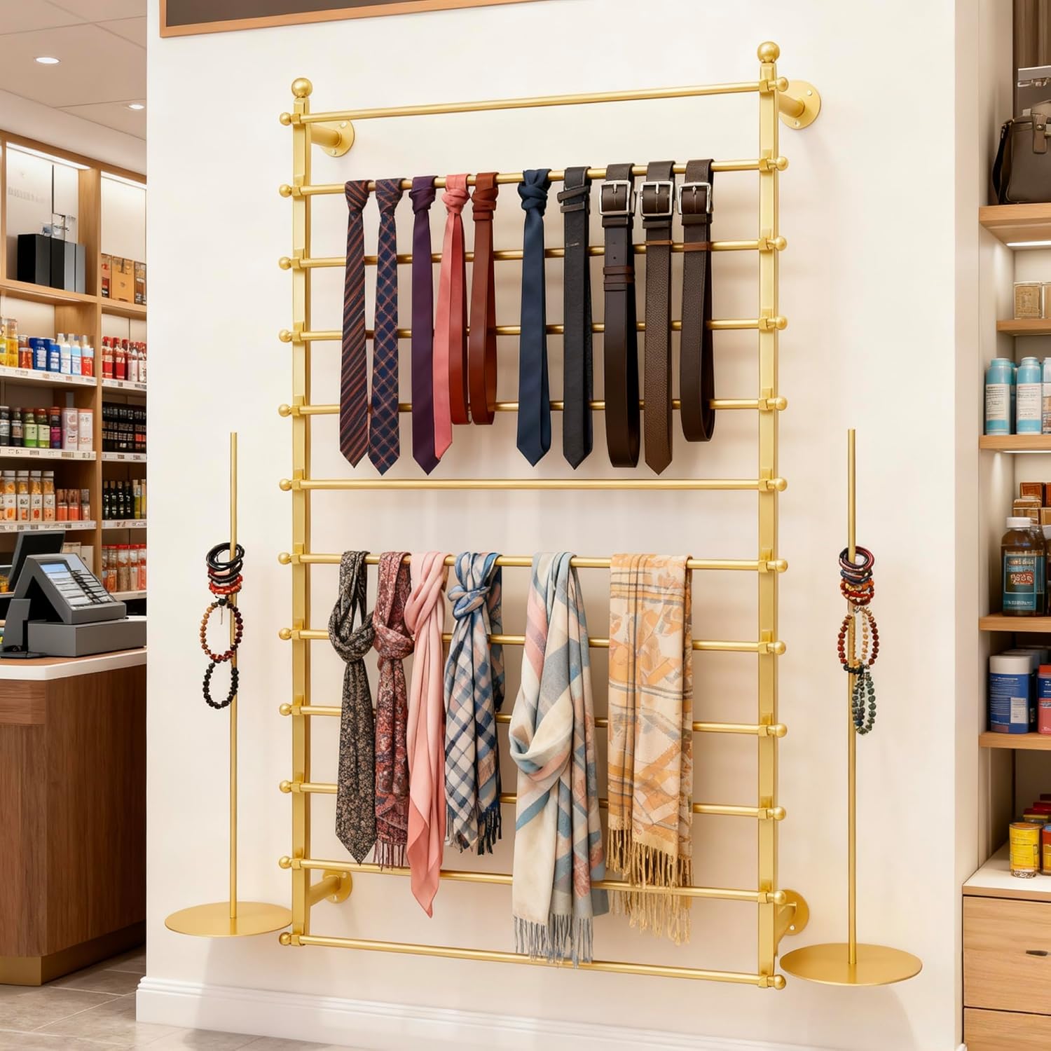 12 Layers Gold Wall Display Stand Wrapping Paper Ribbon Organizer Tie Scarf Rack Belt Towel Holder Spool Hijab Stand Metal Shelving for Home, Retail Stores, Flower Shop, Studio, Sewing-80cm