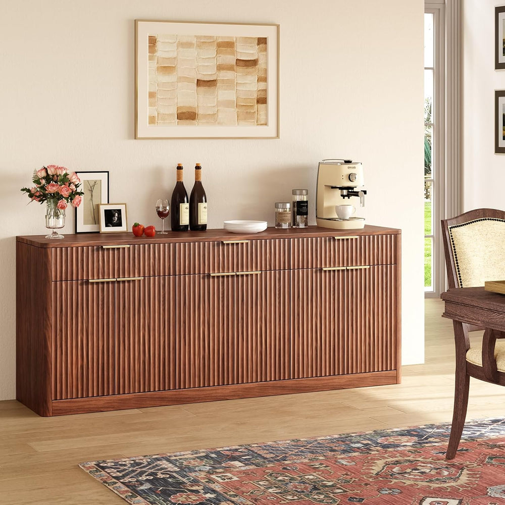 Evermagin 67" Fluted Walnut Sideboard Buffet Cabinet with 3 Drawers, Mod...