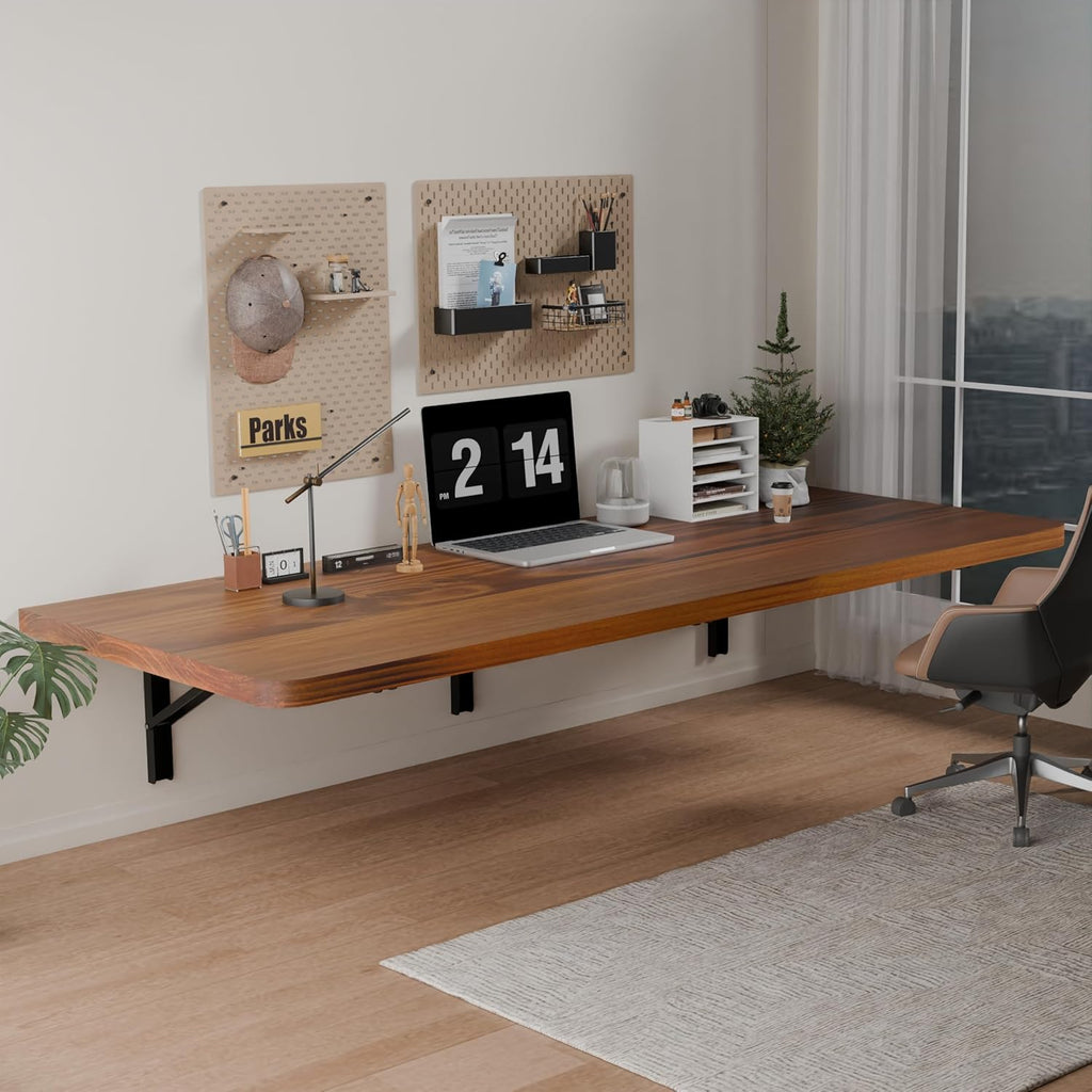 IAE Floating Wall Mounted Folding Table Desk with Pine Wood,55" x 22" Foldable Workbench,Fold Down Wall Mounted Foldable Desk with Shelf Brackets,Laundry Folding Table for Home,Dining,Kitchen,Teak