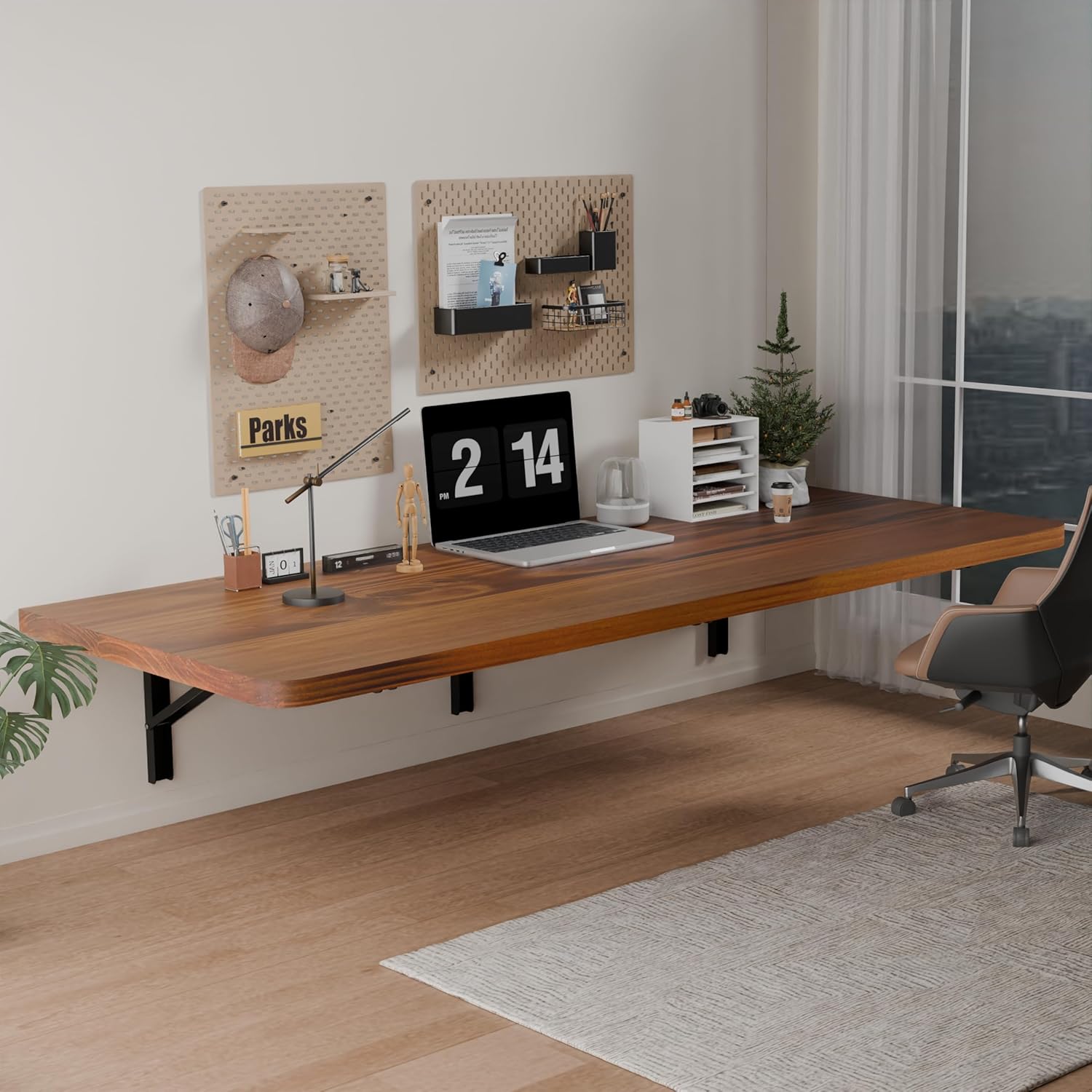 IAE Floating Wall Mounted Folding Table Desk with Pine Wood,55" x 22" Foldable Workbench,Fold Down Wall Mounted Foldable Desk with Shelf Brackets,Laundry Folding Table for Home,Dining,Kitchen,Teak