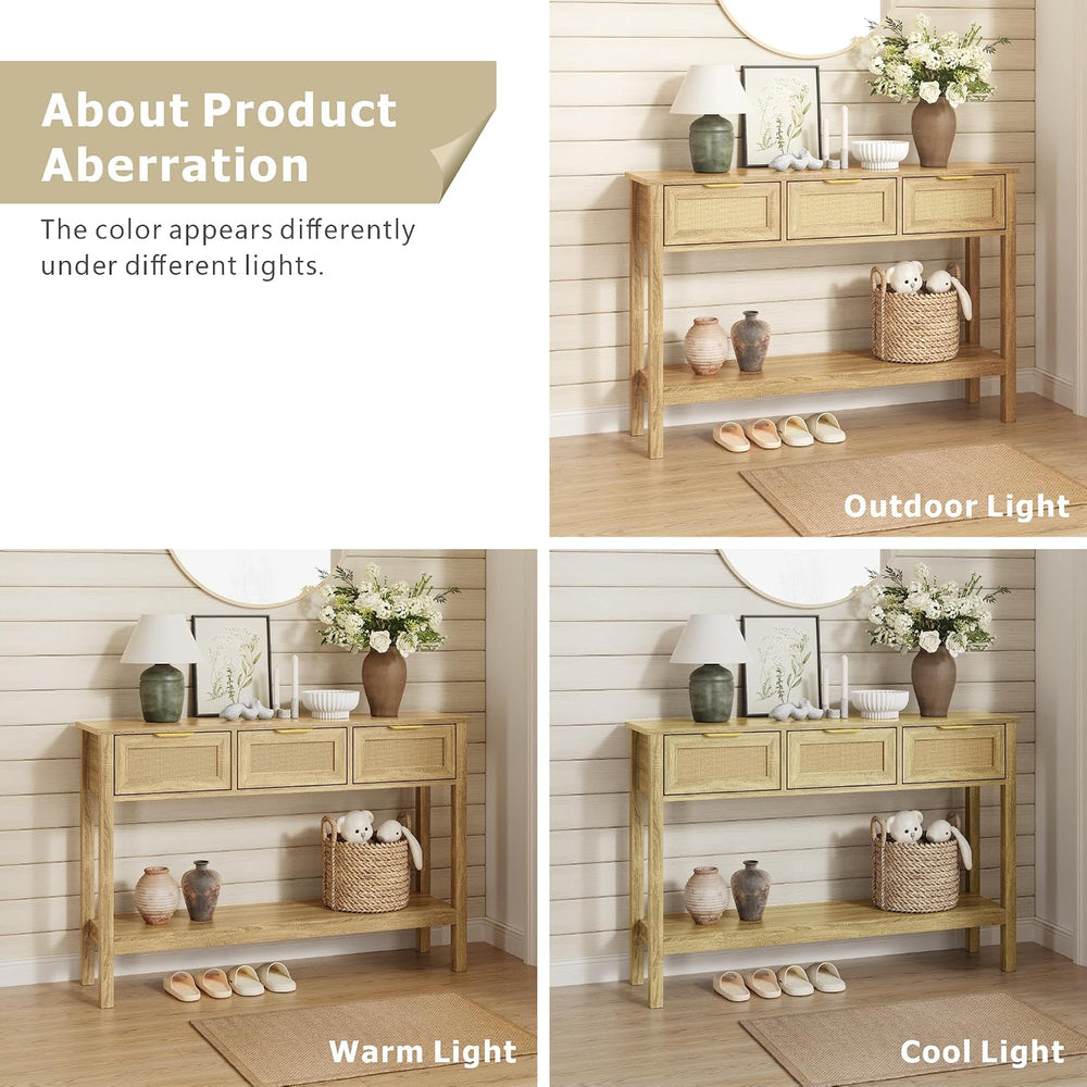 KIGOTY Console Table with Charging Station, Rattan Style Sofa Table Behind Th...