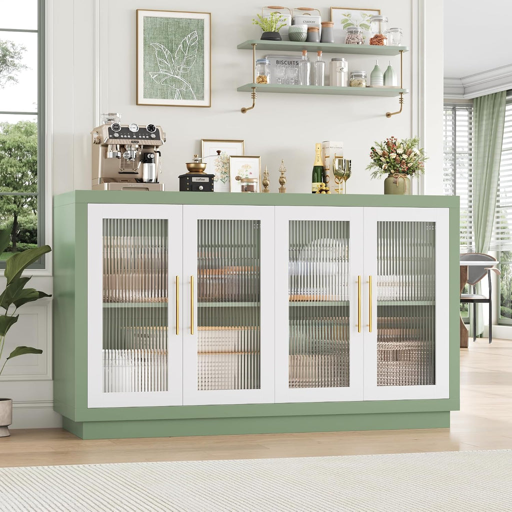 FOTOSOK Buffet Cabinet with Storage, Kitchen Cabinet with 4 Glass Doors | 55.1" Large Sideboard Cabinets, Modern Sideboard Storage Cabinet, Wood Coffee Bar Buffet Table for Kitchen, Green/White