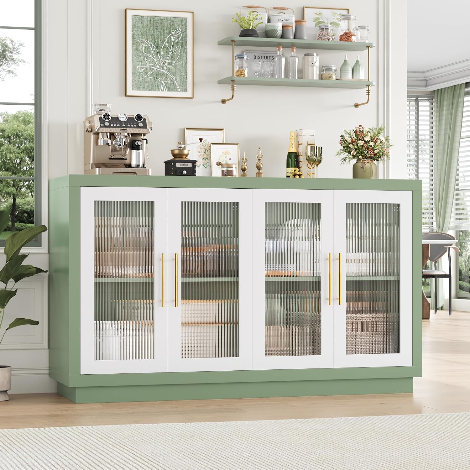 FOTOSOK Buffet Cabinet with Storage, Kitchen Cabinet with 4 Glass Doors | 55.1" Large Sideboard Cabinets, Modern Sideboard Storage Cabinet, Wood Coffee Bar Buffet Table for Kitchen, Green/White