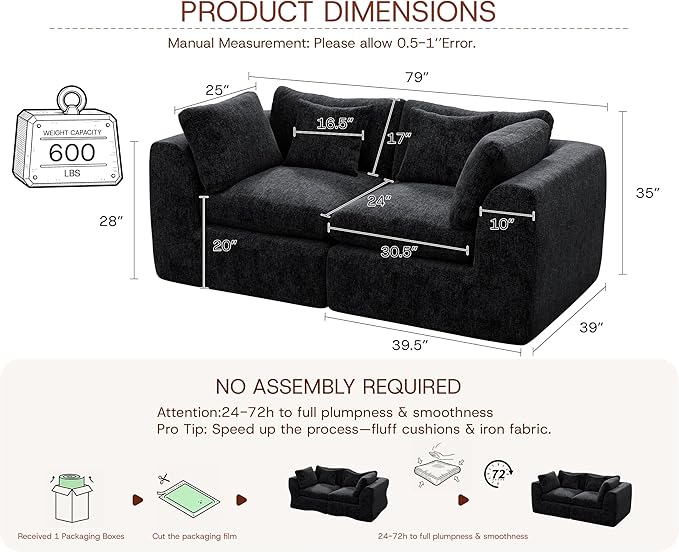 79'' Oversized Cloud Sectional Boneles Loveseat for Living Room, Modern Big Compressed 2 Seater Couch with 2 Throw Pillows, Comfy Chenille Deep Seat Memory Foam Spineless 2 Person Couch, Black | No Assembly Needed, Premium Chenille, Flexible Modular, W...