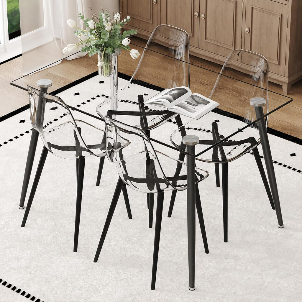 Ebullient Glass Dining Table Set for 4, 51" Clear Tempered Glass Table with Black Metal Legs and 4 Transparent Acrylic Chairs, Compact Modern Kitchen Table Set for Small Space Dining Room