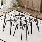 Ebullient Glass Dining Table Set for 4, 51" Clear Tempered Glass Table with Black Metal Legs and 4 Transparent Acrylic Chairs, Compact Modern Kitchen Table Set for Small Space Dining Room