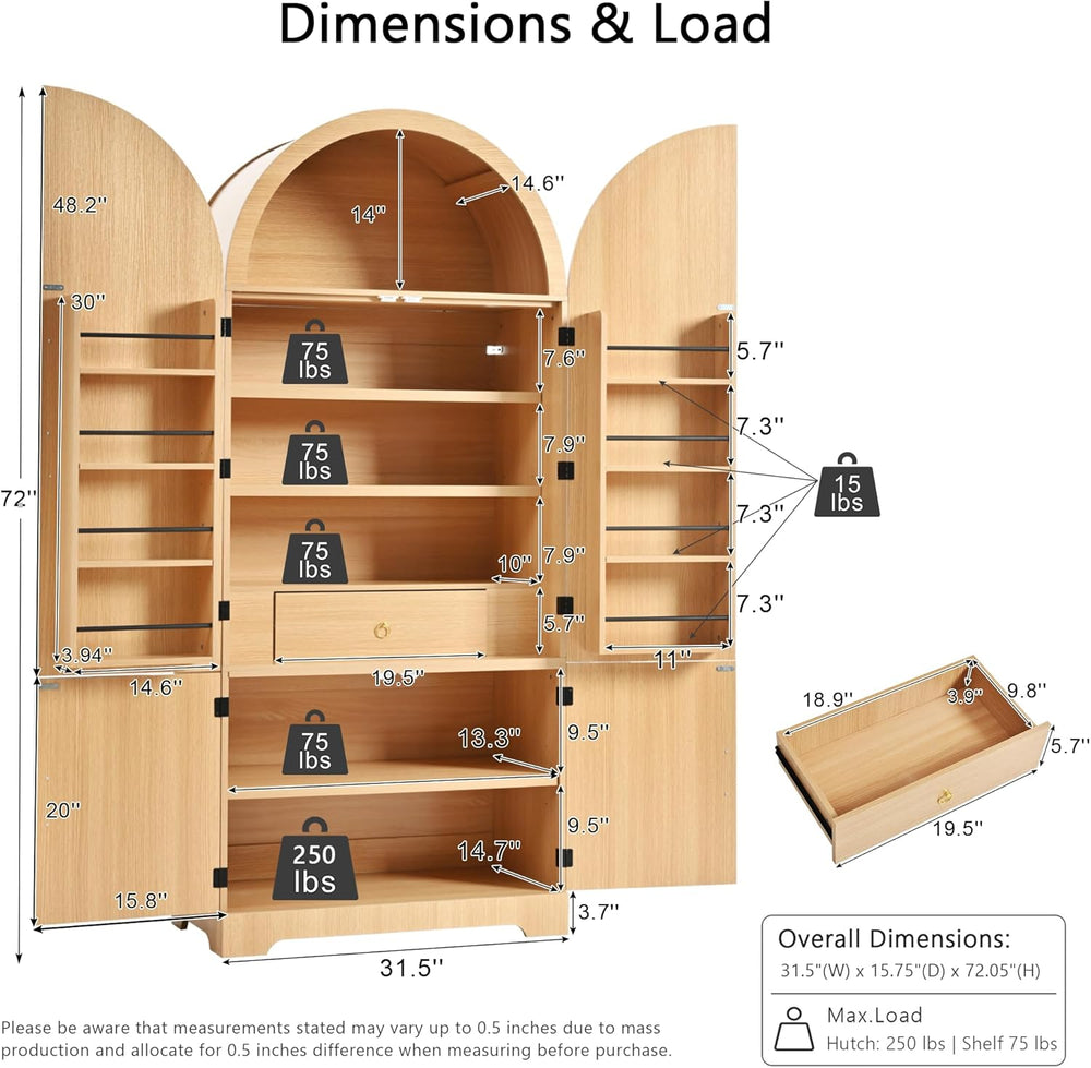 72" Tall Arched Cabinet with Doors, Modern Farmhouse Kitchen Storage Cab...