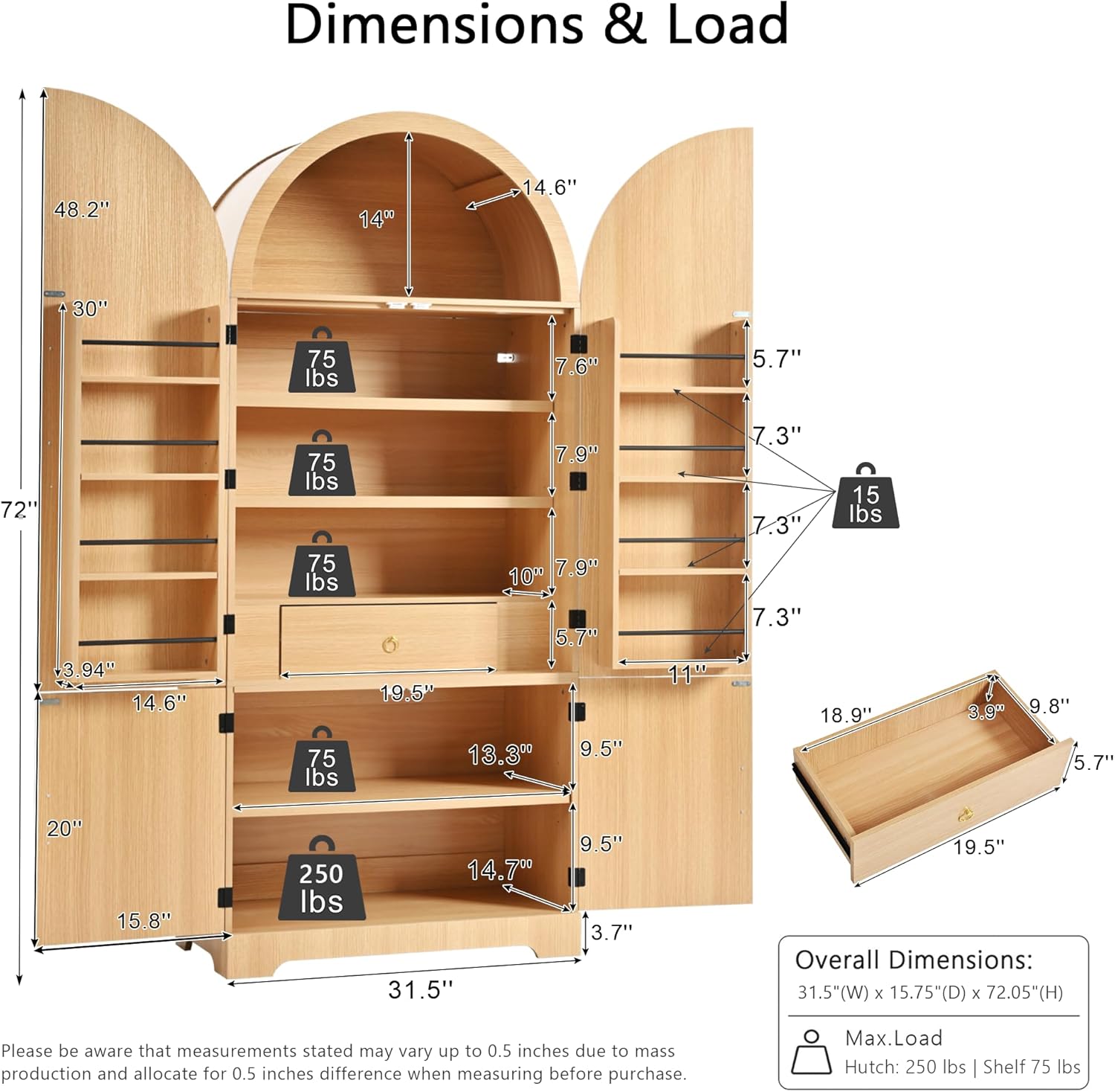 72" Tall Arched Cabinet with Doors, Modern Farmhouse Kitchen Storage Cabinet, Fluted Hutch with 3 Adjustable Shelves, Hidden Drawer Versatile Cupboard for Kitchen, Dining Room, Bathroom, Natural