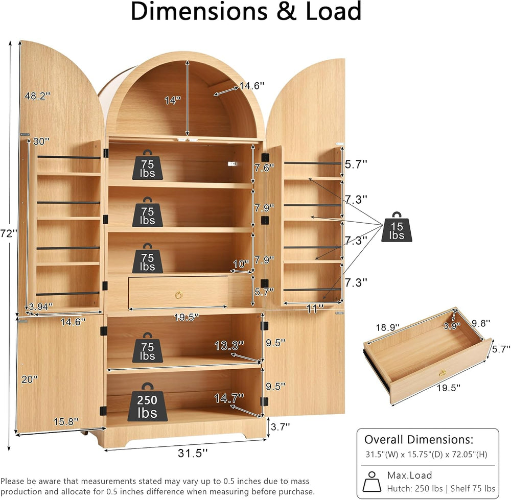 Polibi Arched Fluted Pantry Cabinet, 72" Tall Kitchen Storage with 8 Doo...