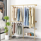Gold Pipe Clothes Racks with White Shelves, Industrial Pipe Gold Clothing Rack with Double Hanging Rods, Heavy Duty Wall Mounted Clothing Rack Rod for Closet Storage, Bedroom