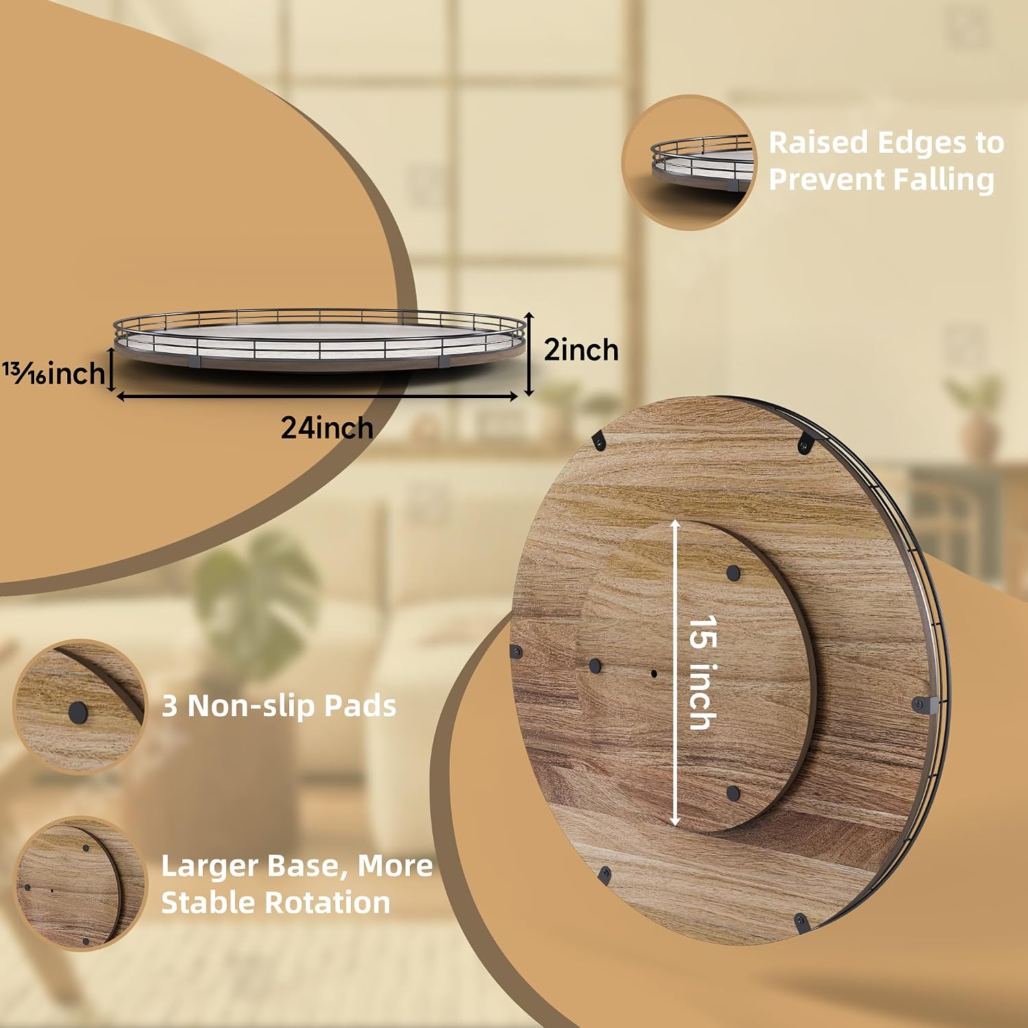 24 Inch Lazy Susan Turntable, Heavy Duty Acacia Wood Round Tray for Kitchen | Easy 360 Degree Spin; Raised Iron Rim; 3 Anti Slip Pads; No Assembly; Farmhouse Decor; Pantry, Cabinet, Gift Box