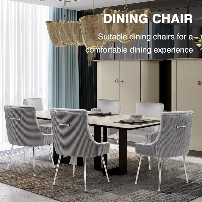 Velvet Dining Chairs Set of 4 with Silver Metal Legs, Modern Upholstered Kitchen Chair with Pull Handle & Pleated Back, Mid Century Accent Chair for Vanity,Dining,Kitchen,Living Room, Grey