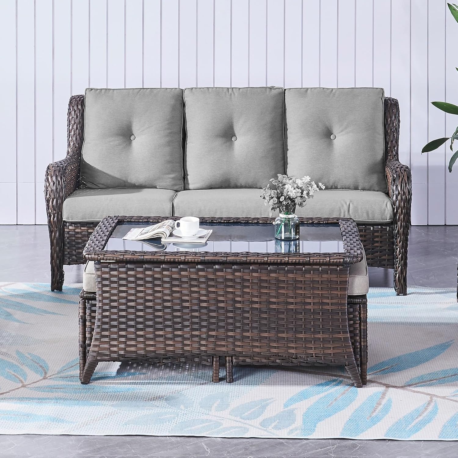 Belord Outdoor Coffee Table with Tempered Glass Top, Patio Rectangular Brown Wicker, Handwoven Rattan Coffee Table Compatible with Patio Furniture Sets for Porch Deck Backyard