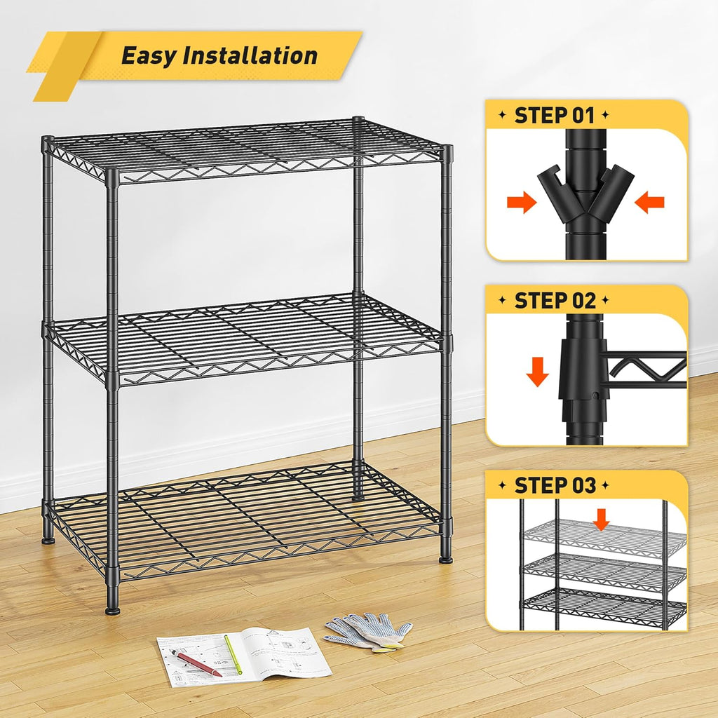 450LBS Storage Shelves 3 Tier Metal Shelving Unit Adjustable Wire Shelving Storage Rack Pantry Shelves for Kitchen Laundry Office Dorm Closet Bathroom 24" W x 30" H x 14" D Black