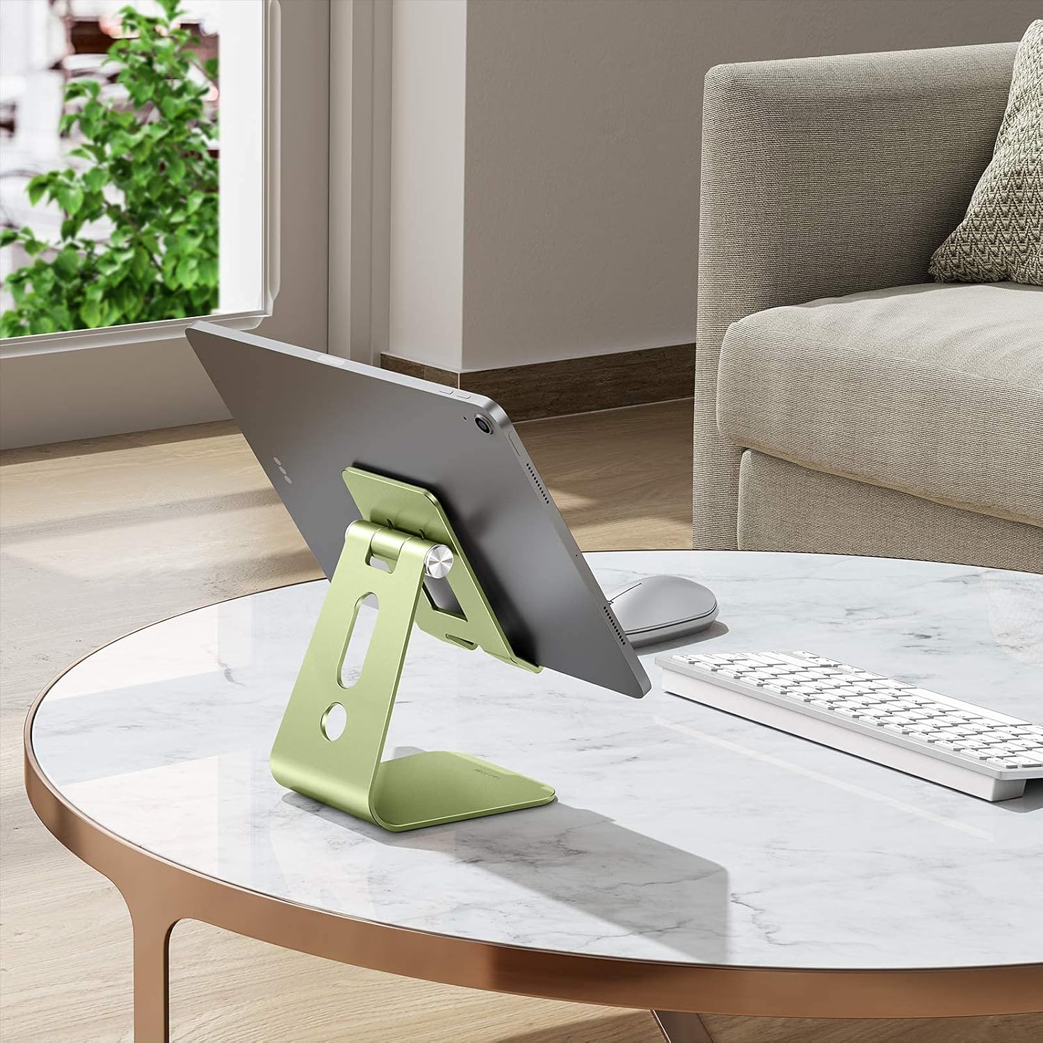 OMOTON Adjustable Tablet Stand for Desk, Upgraded Longer Arms for Greater Stability, T2 Tablet Holder with Hollow Design for Bigger Sized Phones and Tablets Such as iPad Pro/Air/Mini, Green
