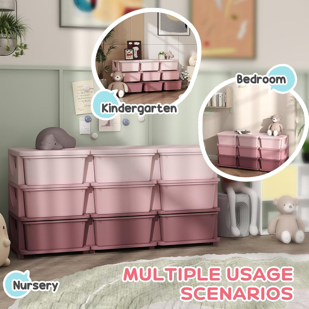 Qaba 3 Tier Kids Storage Unit, 9 Drawer Chest Toy Organizer Plastic Bins for Kids Bedroom Nursery Kindergarten Living Room for Boys Girls Toddlers, Pink
