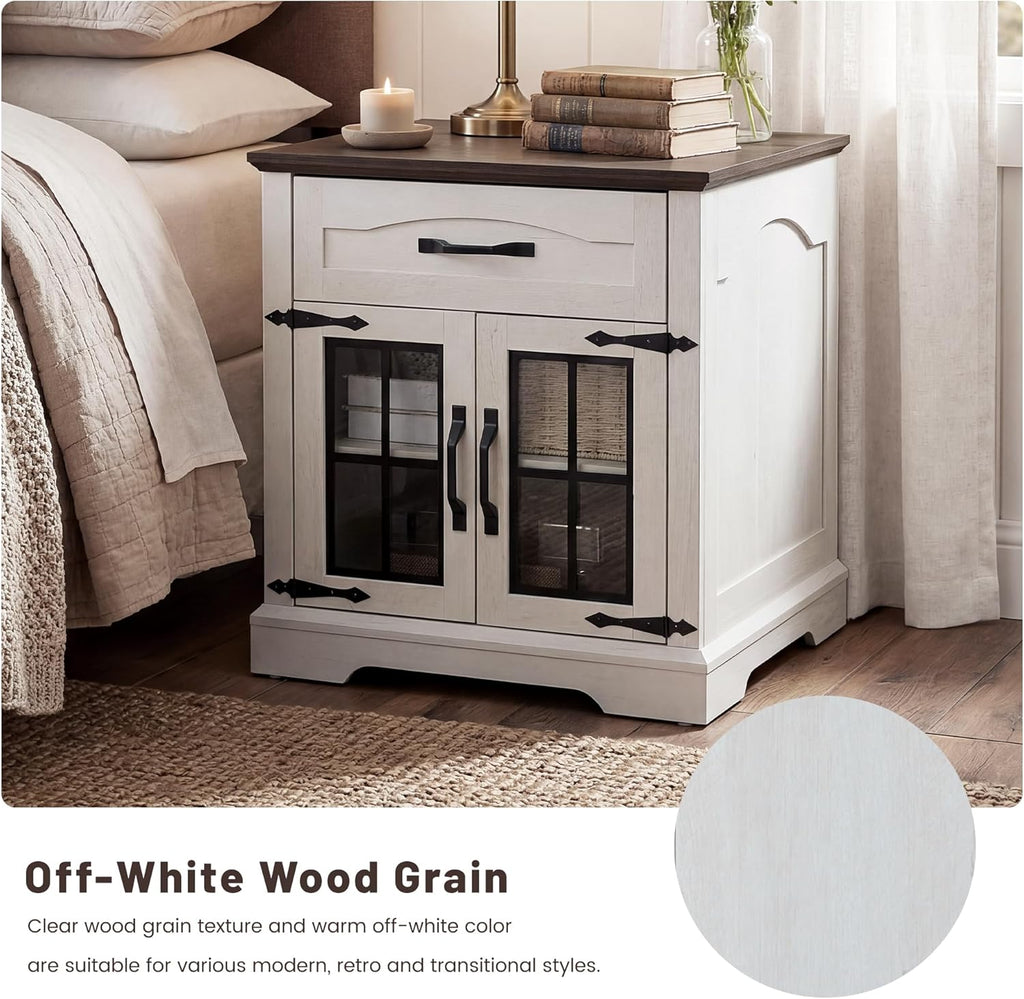 23.6"W Farmhouse End Table Set of 2 with Hidden Charging Station, Side Table with Drawer for Sofa Couch or Bedside, Rustic Wooden Nightstand with Storage for Living Room, Bedroom (Off White Walnut)