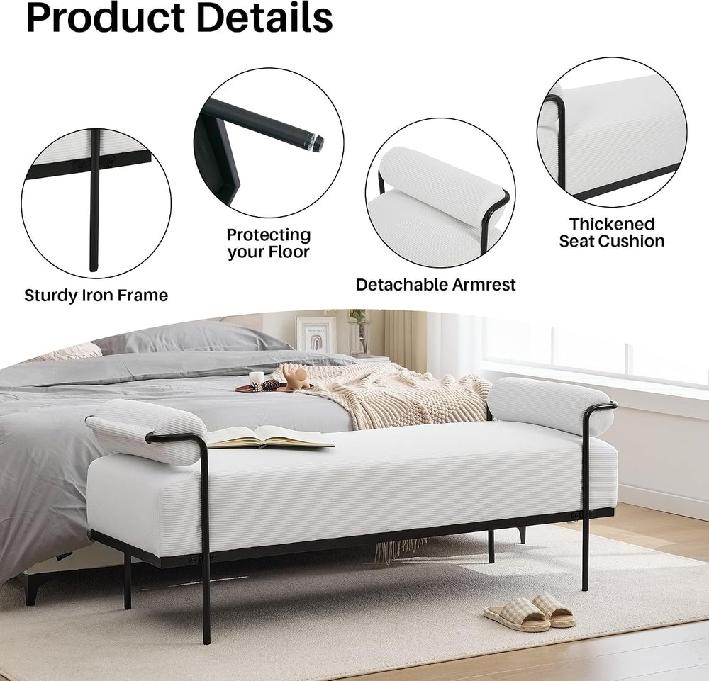 SOFTHION 61.2" End of Bed Bench, Corduroy Upholstered Entryway Bench, Wh...