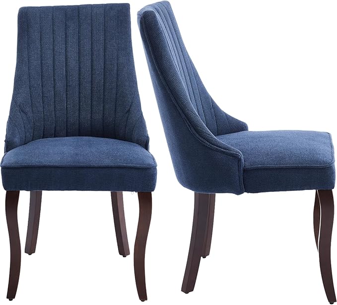Modern Dining Chairs Set of 2, Mid Century Kitchen & Dining Room Chairs, Linen Upholstered Kitchen Chairs with Wood Legs, Sillas de Comedor, Easy Assembly, Blue, 2 Pieces