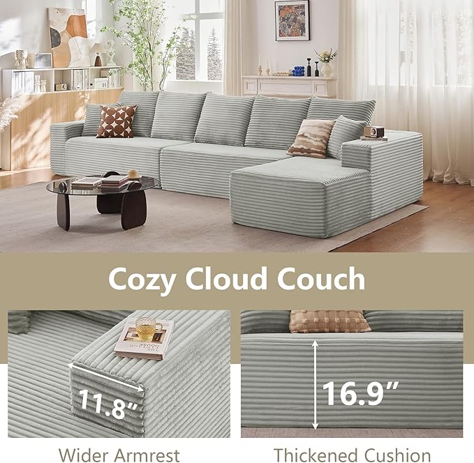 166.9" Cloud Sectional Couch with L-Shape Chaise, Upholstered Corduroy Couches Sleeper with Deep Seat, Modern Modular Comfy Sofa Chaise Longue for Living Room Bedroom, No Assembly Required, Grey