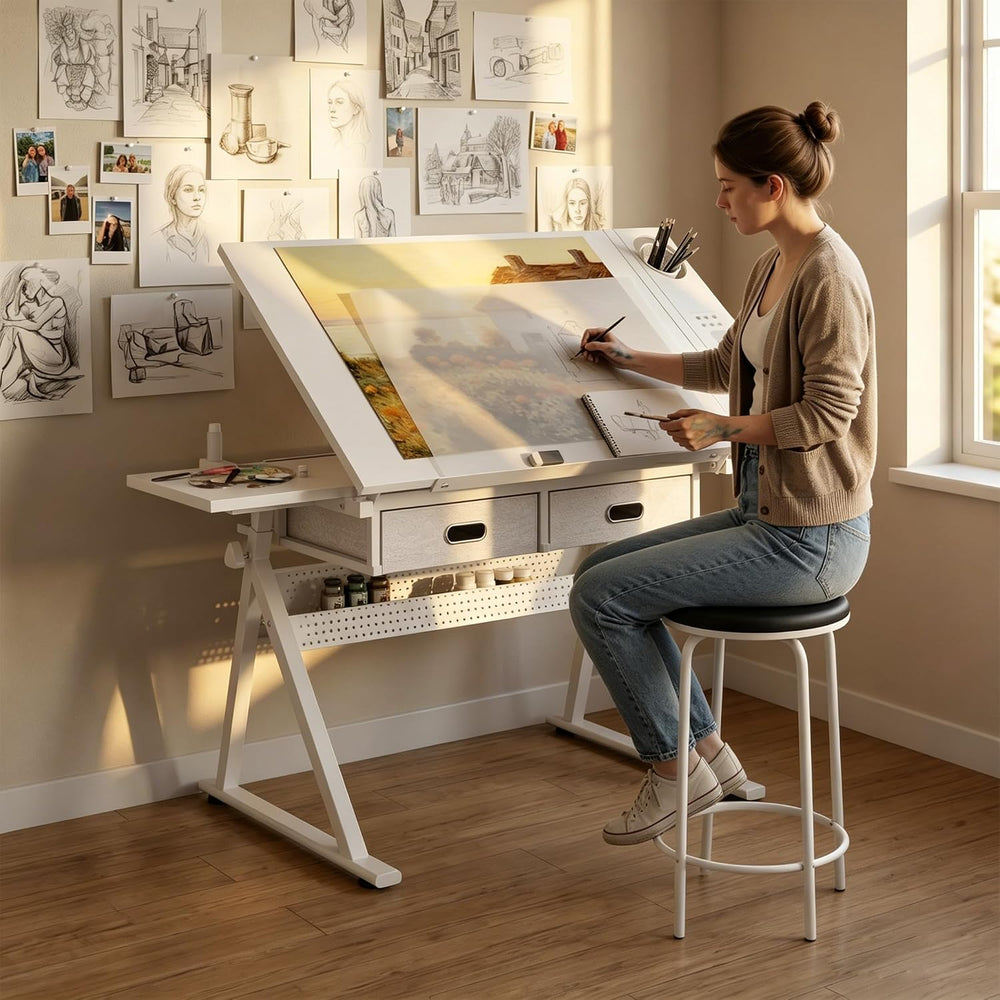 Height Adjustable Drafting Table Drawing Table Artist Desk Tilting Tabletop A...