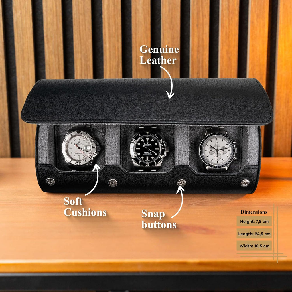 DailyWatch | Watch Roll Travel Case For 3 Watch | Luxury Watch Case In Genuine Black Leather With Soft Velvet Interior | Watch Case Protect, Store, & Display Your Watches | Black Grey