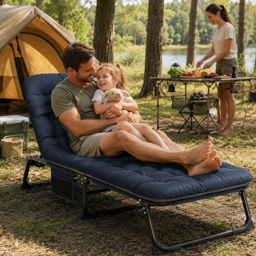 Suteck Tanning Chair with Face Hole, Folding Beach Lounge Chairs, Blue | Adjustable 5-Position Reclining Chaise, Removable Cushion & Pillow, Cooler Bag, 500Lbs Heavy-Duty for Outdoor Camping& Home