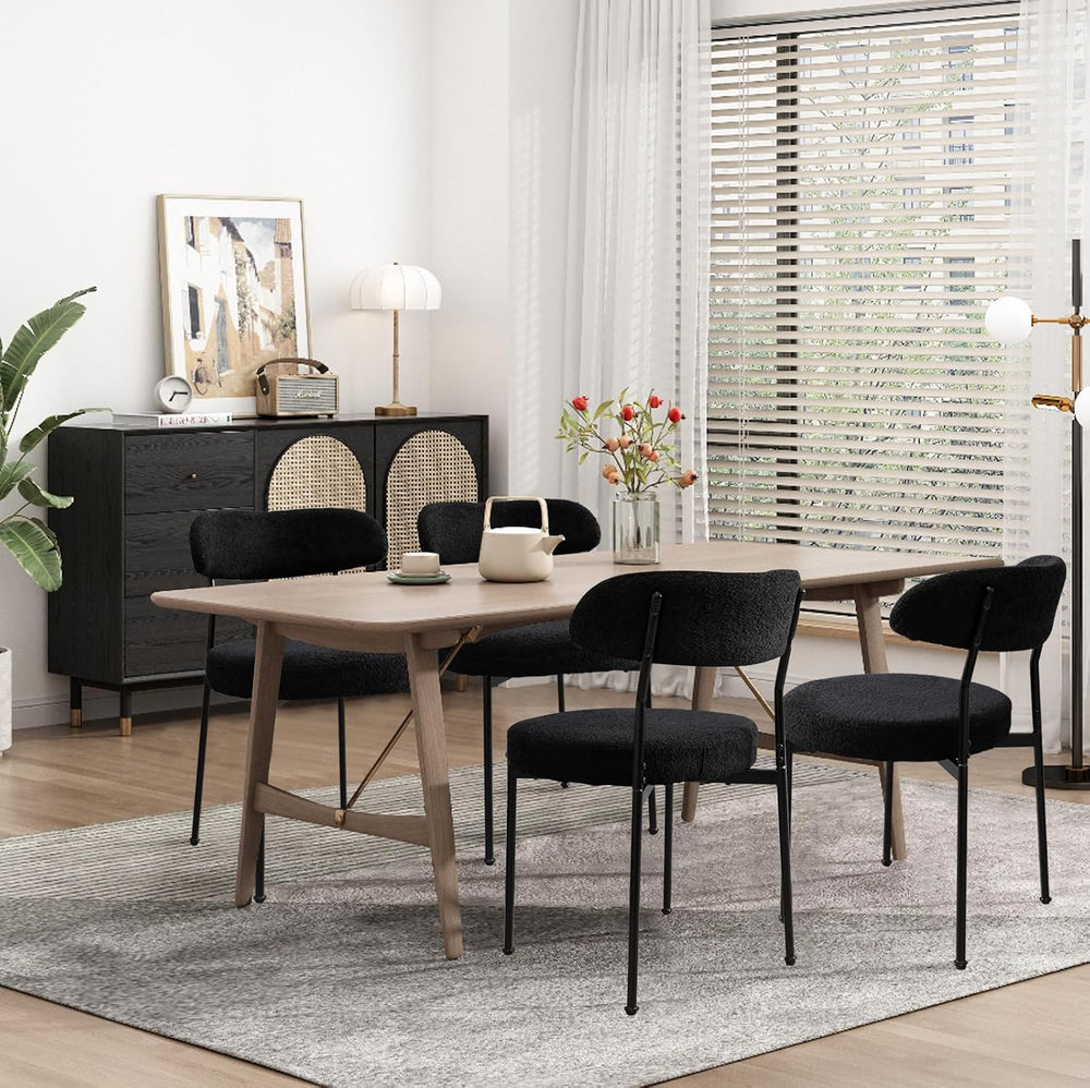 Modern Boucle Dining Chair Set of 4 with Round Lambswool Upholstered Cushion ...