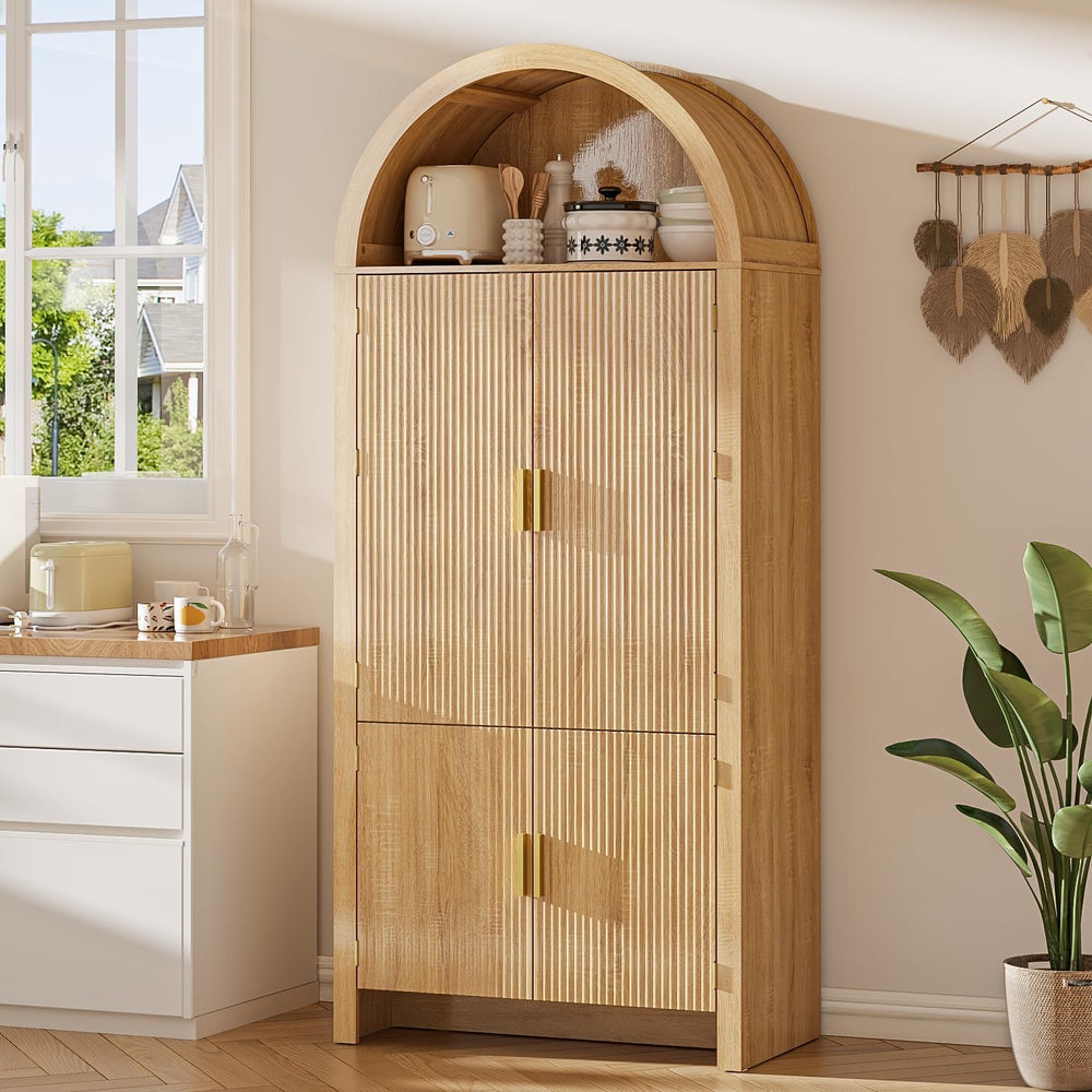 OFIKA 71" Arched Kitchen Pantry Cabinet, Fluted Wood Storage with 3 Shel...