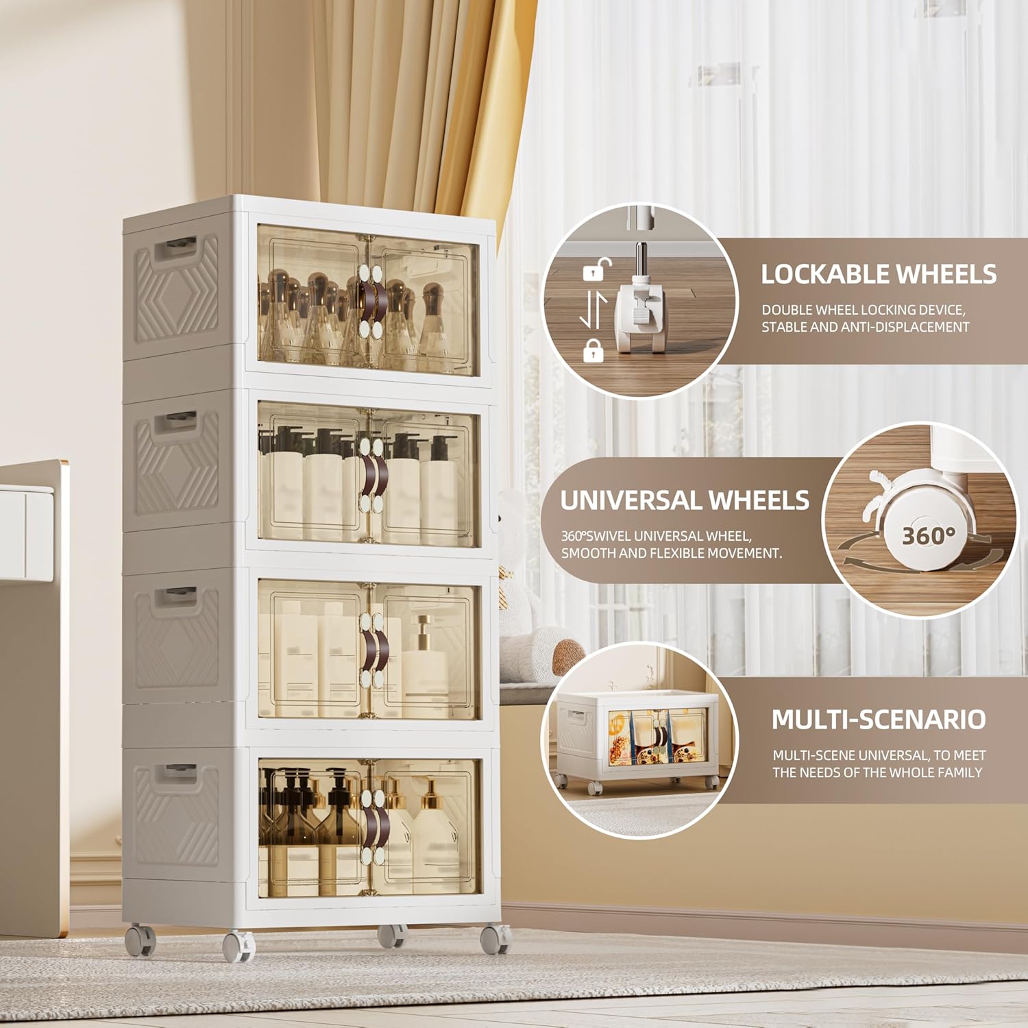 144 QT / 36 Gal Magnetic Double Door Cabinet with Wheels - Foldable Stackable Design, Leather Handles, Water Resistant Organizer for Bathroom, Kitchen