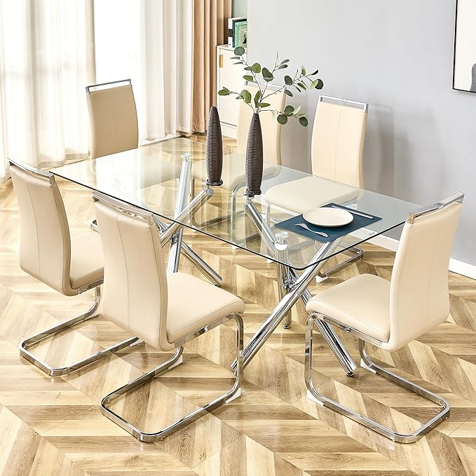 AZmac Modern Leather Dining Chairs Set of 6,Armless Kitchen Chairs,Dining Room Chairs with Upholstered Padded Seat and Sturdy Chrome Legs for Dining Room,Kitchen (Set of 6, Beige)