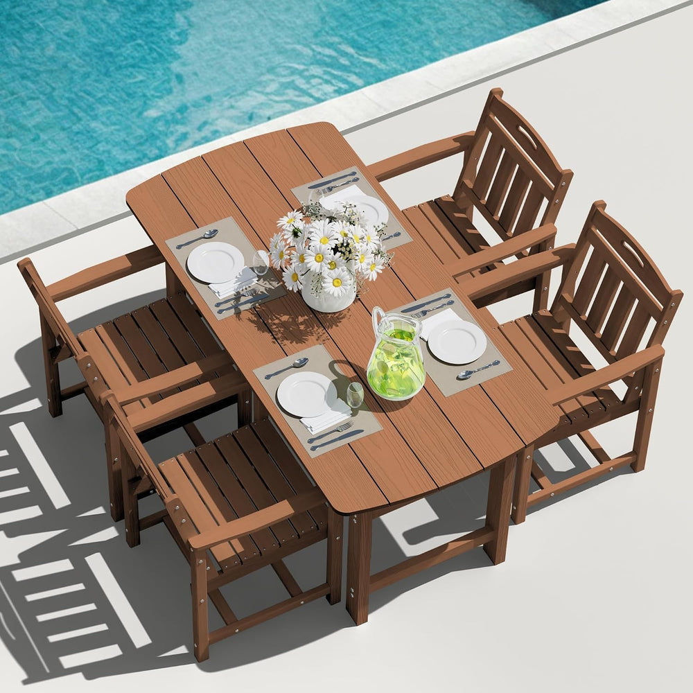 HDPE Outdoor Dining Set, Patio Table and 4 Chairs, 2" Umbrella Hole, Teak