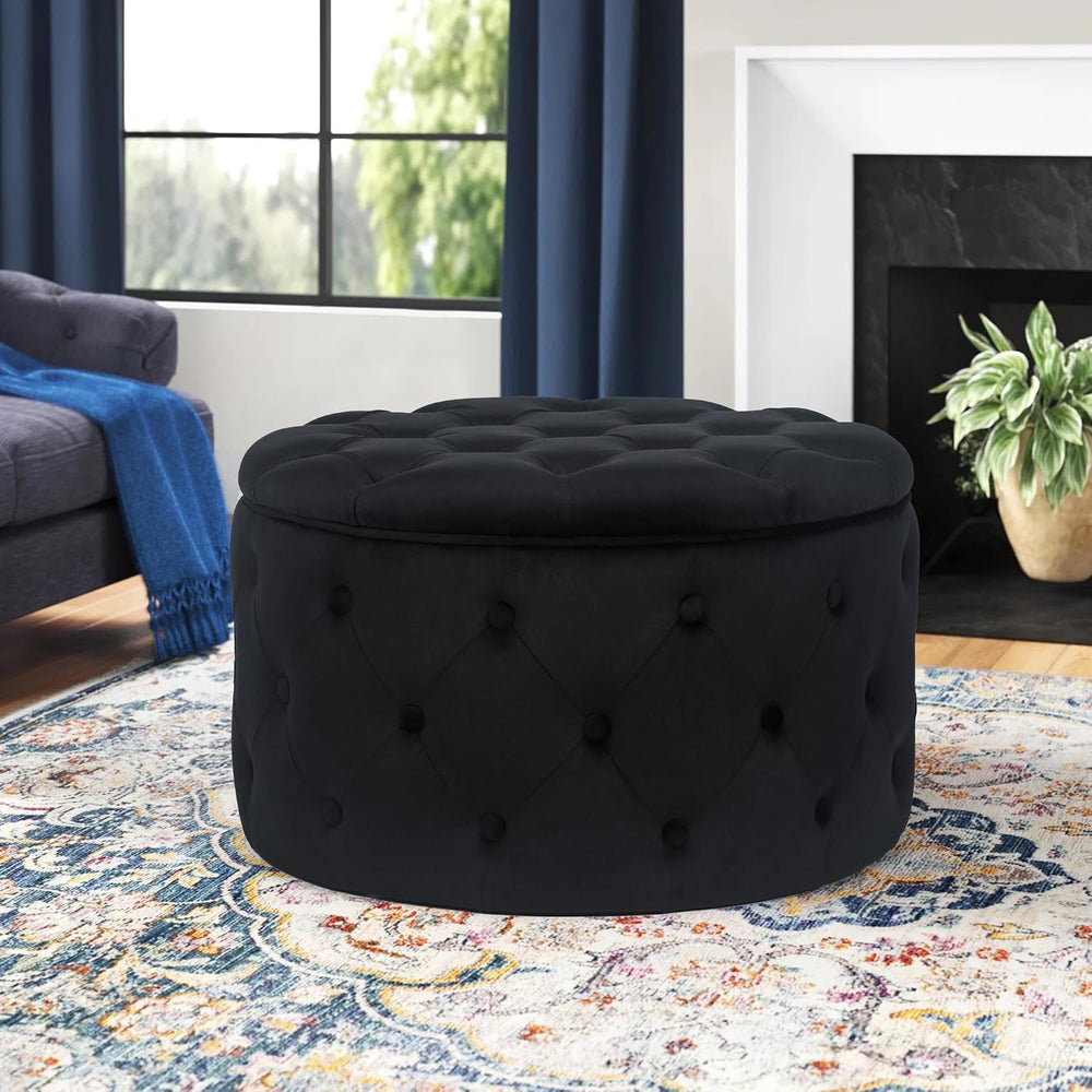 Joveco Round Storage Ottoman, Button Tufted Upholstered Ottoman with Removabl...