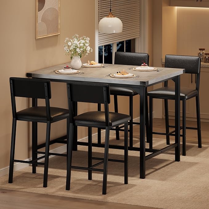 IDEALHOUSE Dining Table Set for 4 w/Footrest & Corner Protector, 5-Piece Kitchen Table Set with Counter Height Table & 4 Upholstered Bar Stools, for Kitchen Room, Apartment, Pub, Retro Gray