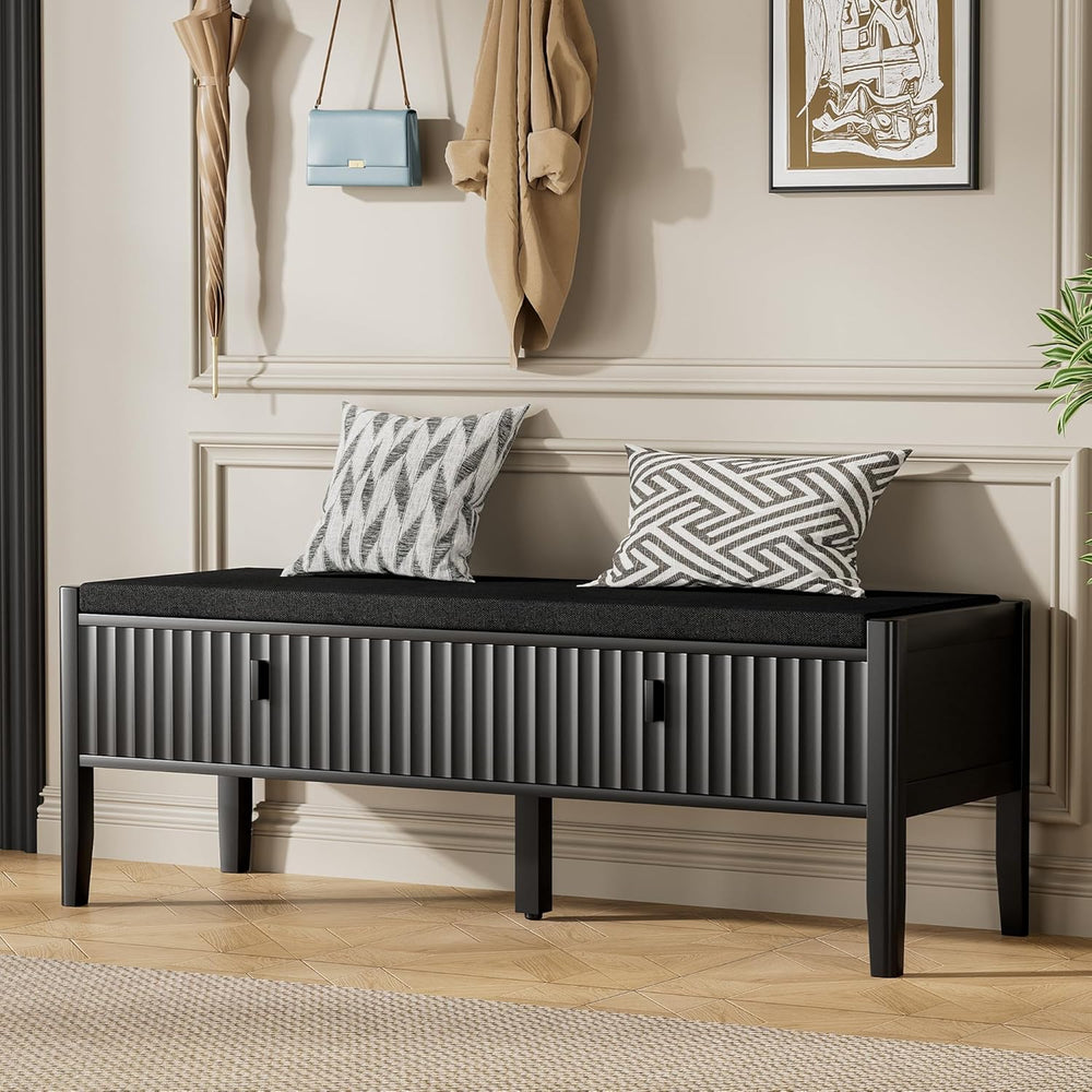 Furniway Black Fluted Shoe Bench with 2 Drawers, Entryway Storage Bench with ...