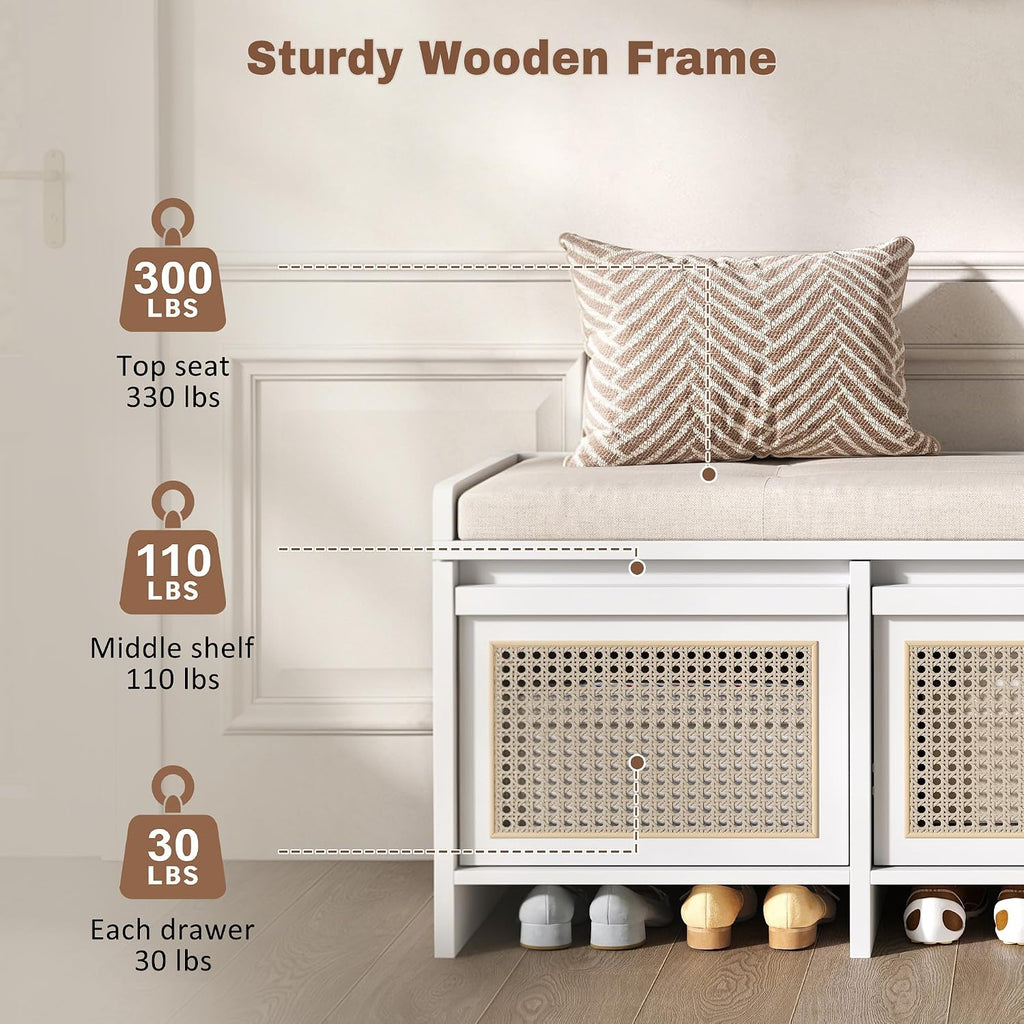 SOFTSEA 48" Shoe Storage Bench with Cushion, 2-Tier Entryway Bench with 3 Rattan Storage Drawers & Lift Top Storage, Retro Shoe Cabinet for Hallway, Bedroom, Living Room, White