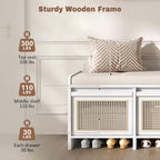 SOFTSEA 48" Shoe Storage Bench with Cushion, 2-Tier Entryway Bench with 3 Rattan Storage Drawers & Lift Top Storage, Retro Shoe Cabinet for Hallway, Bedroom, Living Room, White