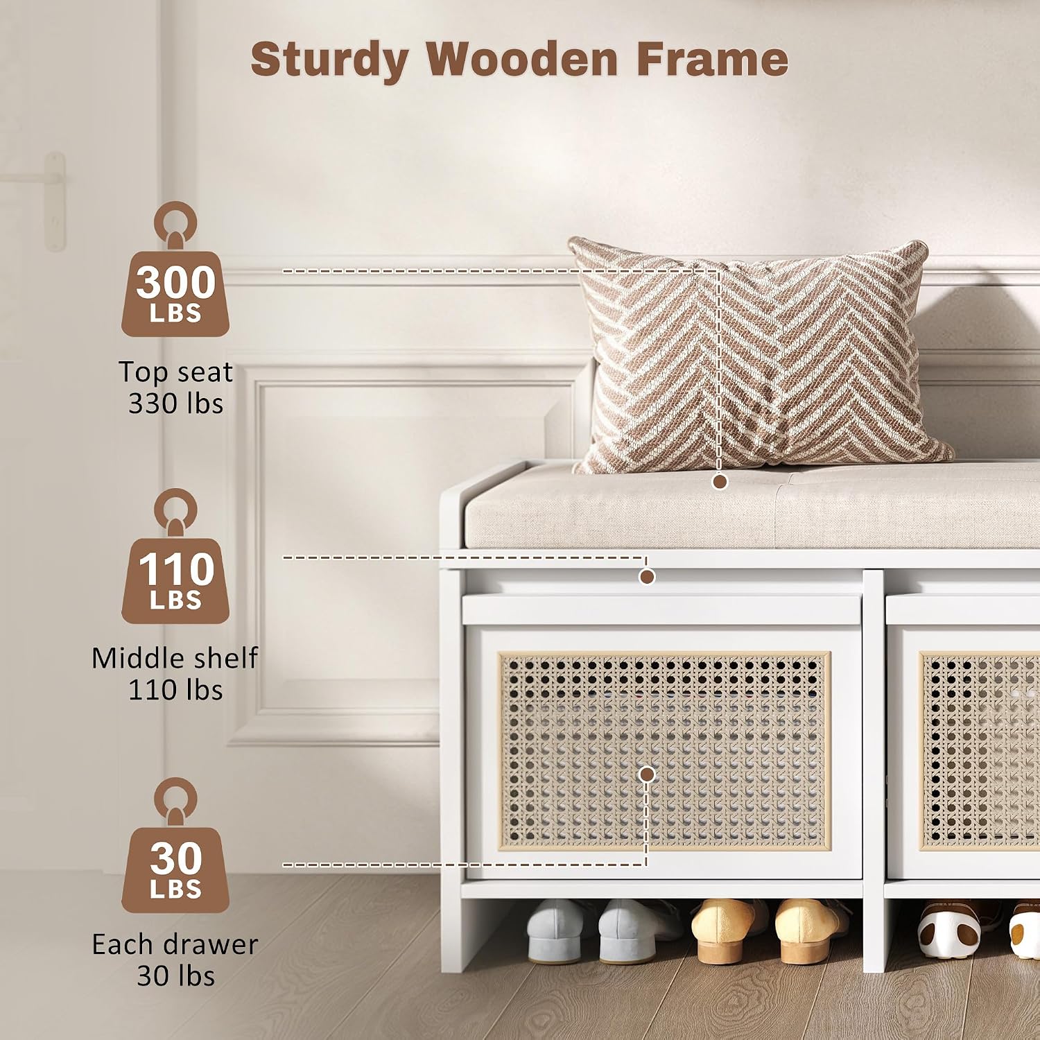 SOFTSEA 48" Shoe Storage Bench with Cushion, 2-Tier Entryway Bench with 3 Rattan Storage Drawers & Lift Top Storage, Retro Shoe Cabinet for Hallway, Bedroom, Living Room, White